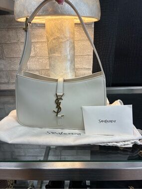 Saint Laurent Cream Leather Shoulder Bag with Gold YSL Logo